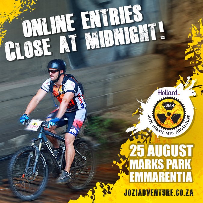 ATTENTION ALL: Online entries for the #HollardJUMA2019 are closing this evening at midnight! You’ll still be able to enter any of the races at Cycle Lab in Fourways on 23 Aug or at Marks Park on race day (25 Aug). Enter now: bit.ly/2J87Q8O