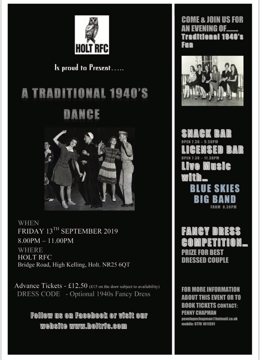 Holt Rugby Club are holding a 1940’s dance Friday 13th September! Be sure to get your dancing shoes on! #dance #1940s #holt #norfolk #rubyclub #holt1940s