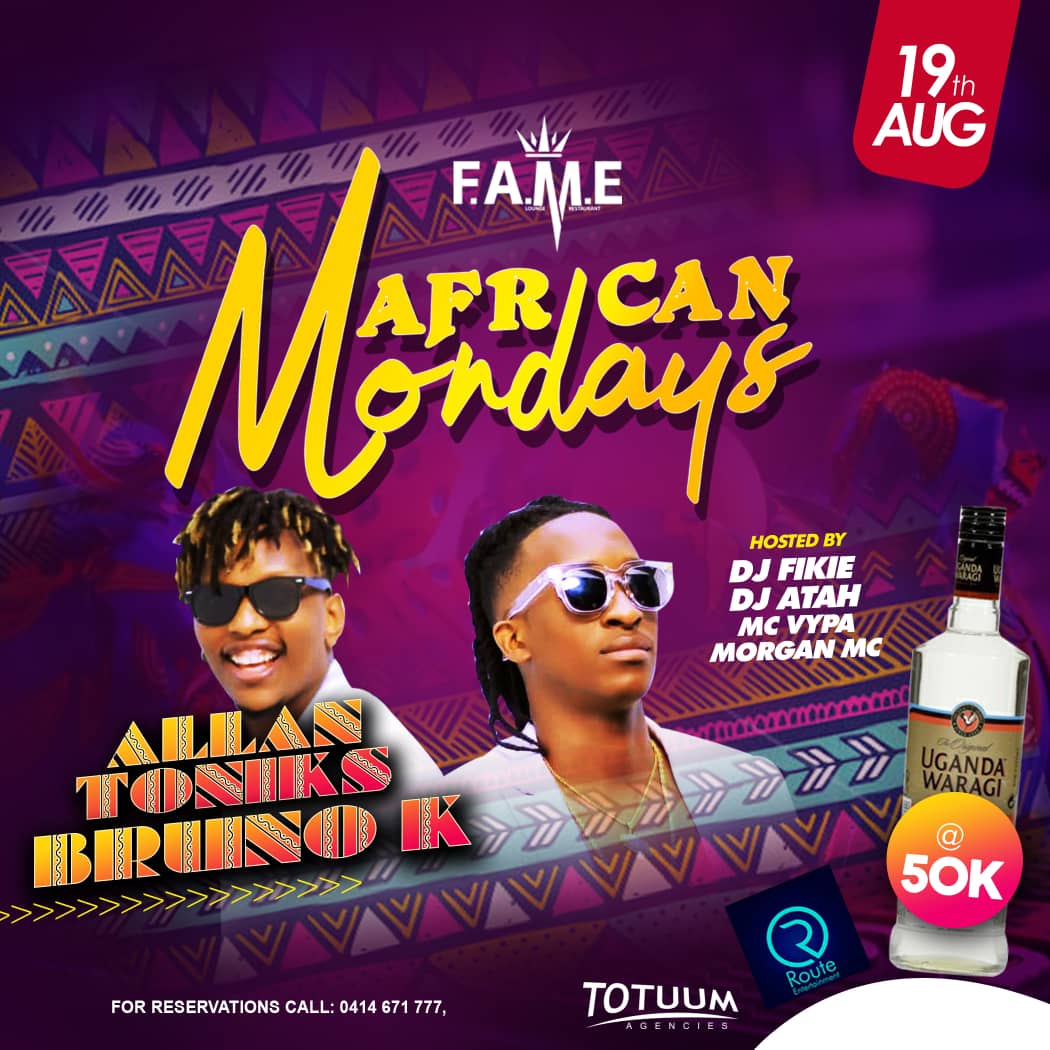 NBSAfter5's tweet photo. Tonight's line up @fame_kampala #AfricanMonday. Enjoy performances in live band while sipping on discounted drinks all at no cover charge. Call 0414671777 for reservations. #FameLoungeUg https://t.co/CRur293isX