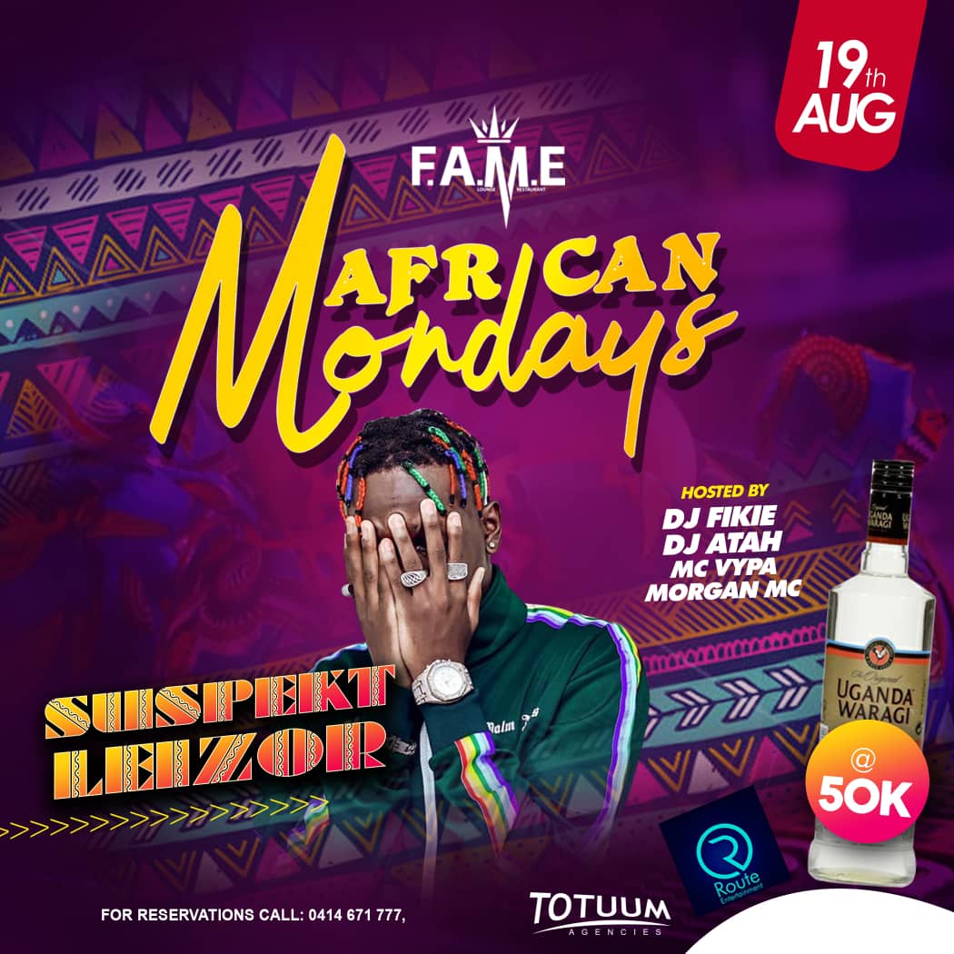 NBSAfter5's tweet photo. Tonight's line up @fame_kampala #AfricanMonday. Enjoy performances in live band while sipping on discounted drinks all at no cover charge. Call 0414671777 for reservations. #FameLoungeUg https://t.co/CRur293isX