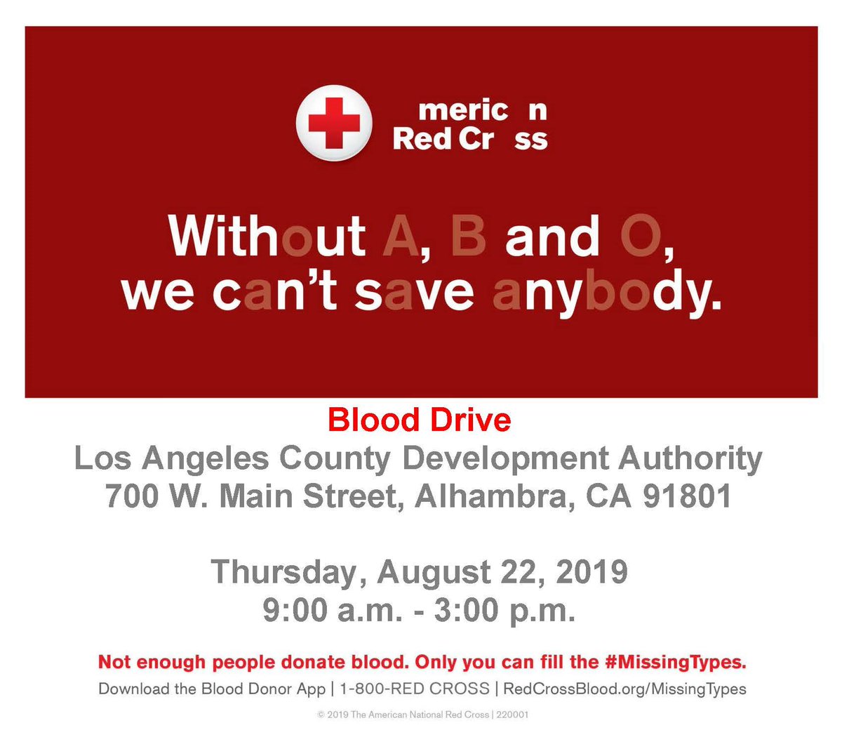 LACDevAuthority's tweet image. Our Alhambra office will be hosting a #RedCross blood drive this Thursday! #DonateBlood to make a difference in someone's life. #MissingTypes @RedCrossLA