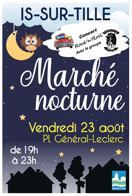 issurtille's tweet photo. Marché nocturne 🌙

Vendredi 23 août, de 19h à 23h, place Général-Leclerc

Retrouvez des produits régionaux et artisanaux tout au long de la soirée ainsi qu'un concert très rock 'n' roll du groupe Réservoir rock 🎸 https://t.co/GlS6exgi5W