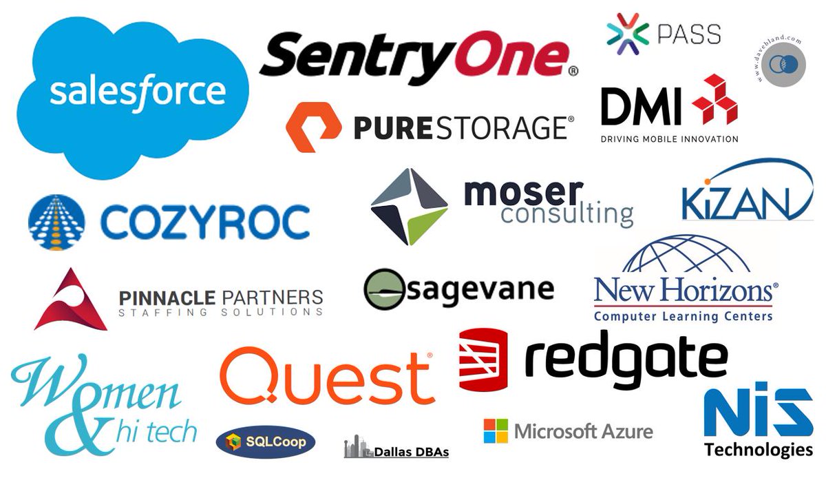 SQLSatIndy's tweet photo. Once again, thank you to all of our #SQLSatIndy sponsors for allowing us to provide an awesome weekend of training! @salesforce @Microsoft @SentryOne @PureStorage @moserconsulting @CozyRoc @kizantech @NewHorizonsCLC @StaffatPinnacle @WomenandHiTech @Quest @redgate @SagevaneLLC https://t.co/yc1szv2BlD