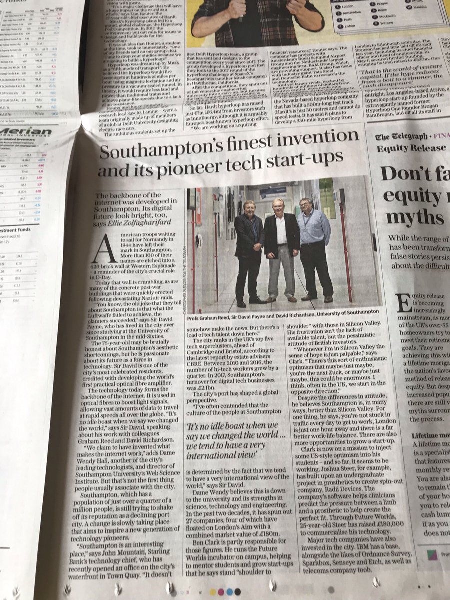 ‘The backbone of the internet was developed in Southampton. ‘ Today’s Daily Telegraph, business page 31, featuring Profs Sir David Payne, Graham Reed and David Richardson from the ZI/ORC #photonics <a href="/unisouthampton/">University of Southampton</a> <a href="/EPSRC/">Engineering and Physical Sciences Research Council</a> #airguide <a href="/PhotonicsHub/">The Future Photonics Hub</a>