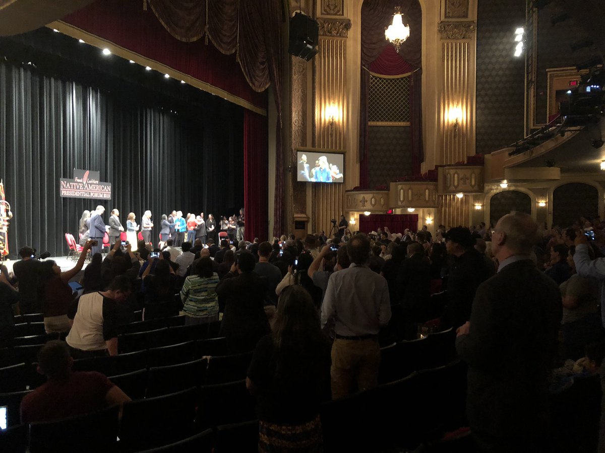 KDKW_406's tweet image. Elizabeth Warren (@ewarren) receives a standing ovation from crowd at the #NativeForum after being introduced by @RepDebHaaland #NativeVote20 @IndianCountry