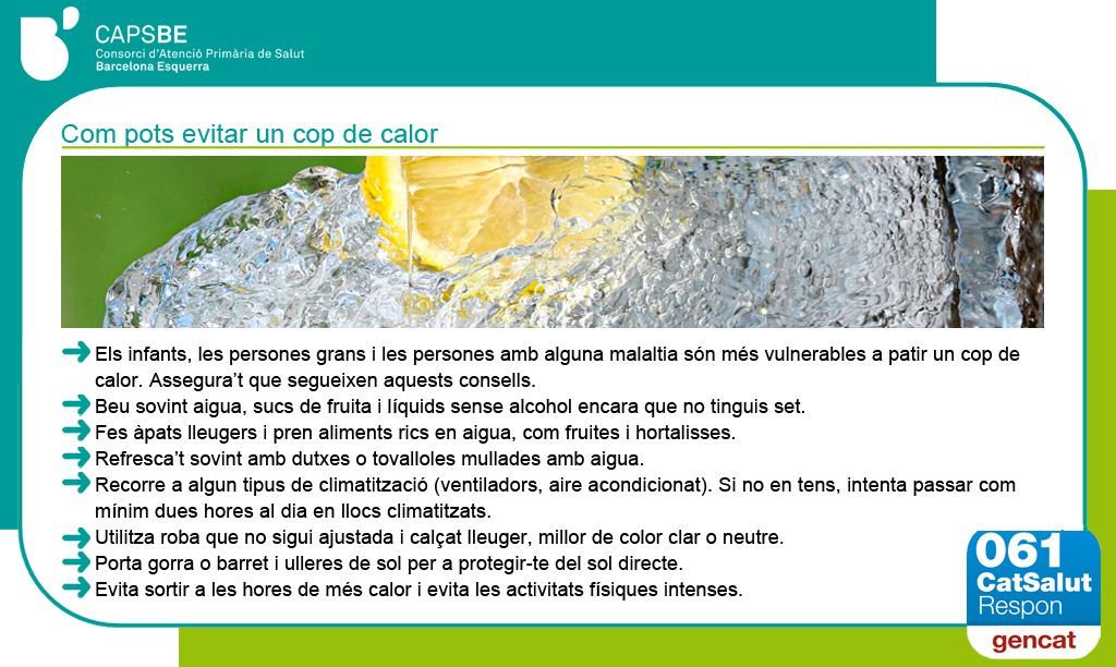 CAPSBEsq's tweet photo. Saps reconèixer un #copdecalor?
🤒 Temperatura elevada
🤕 Mal de cap, nàusees, somnolència i molta de set
😳 Pell envermellida, calenta i no suada
😫 Respiració i freqüència cardíaca accelerades

Com el podem evitar? 👇 
#estiusaludable #UnEstiuSenseUFFF https://t.co/cU4wvpD0ca