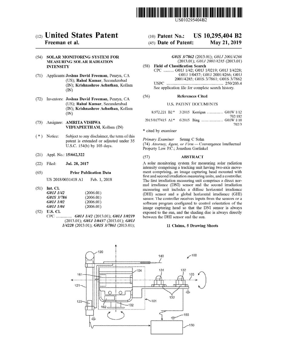 AmritaVLabs's tweet photo. Novel experimental setup "Solar Monitoring System for Measuring Solar Radiation Intensity" at @AmritaVLabs awarded United States #Patent on this May 21. Congratulations the inventors: Joshua D. Freeman, Rahul Kumar &amp; Dr. Krishnashree Achuthan.
#virtuallabs #ICT #MHRD #nodalcenter https://t.co/Nz9P5oMGWf
