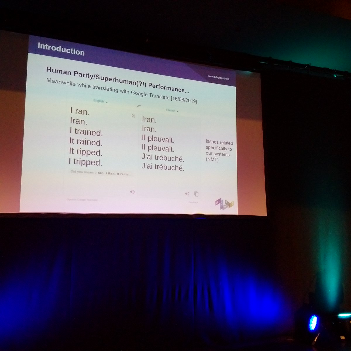 DShterionov's tweet photo. Human parity/superhuman translation? Not there yet:)
@Evanmassenhove from @DublinCityUni @MomenT_WS19 #MTSummit2019 https://t.co/6bBjrOnwHf