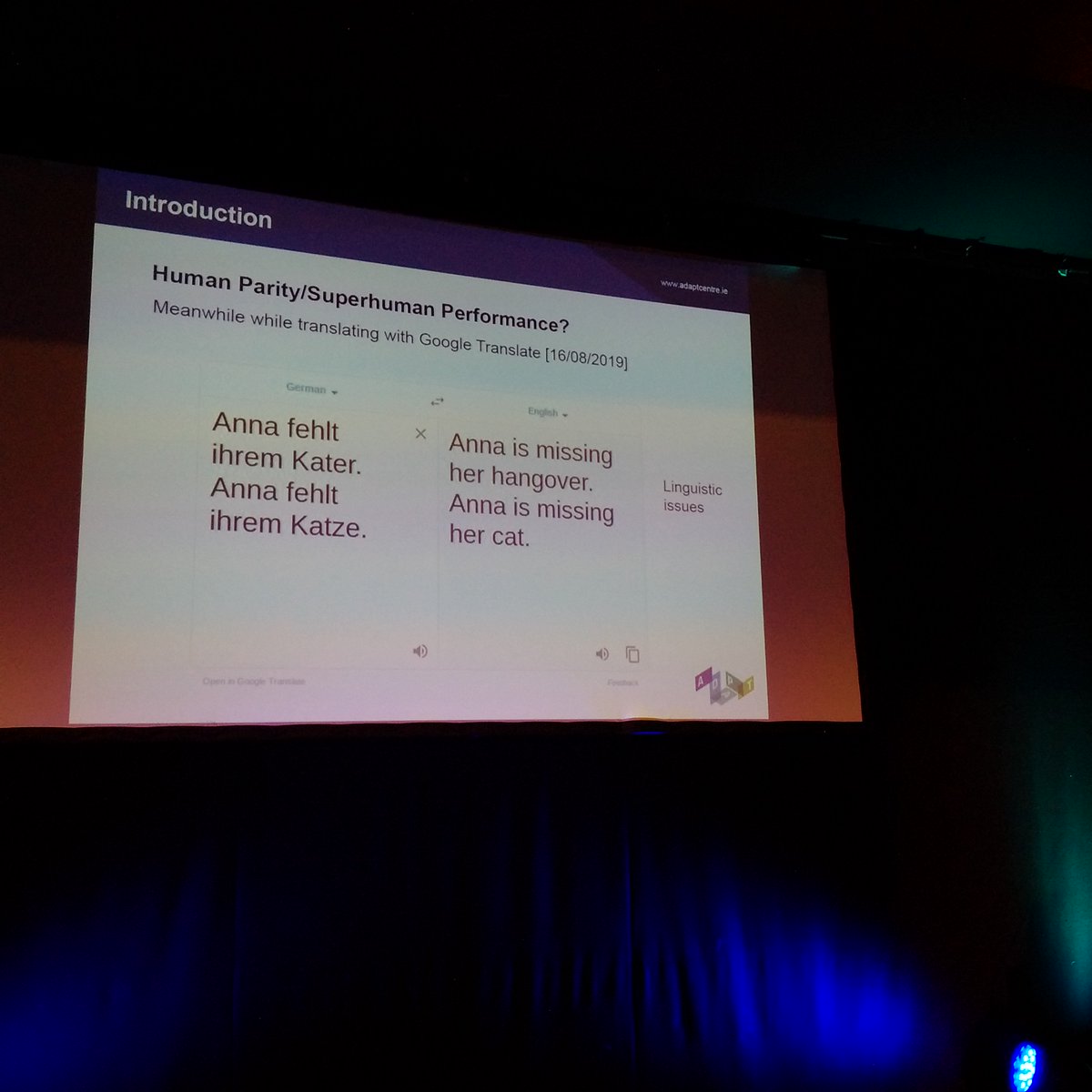 DShterionov's tweet photo. Human parity/superhuman translation? Not there yet:)
@Evanmassenhove from @DublinCityUni @MomenT_WS19 #MTSummit2019 https://t.co/6bBjrOnwHf