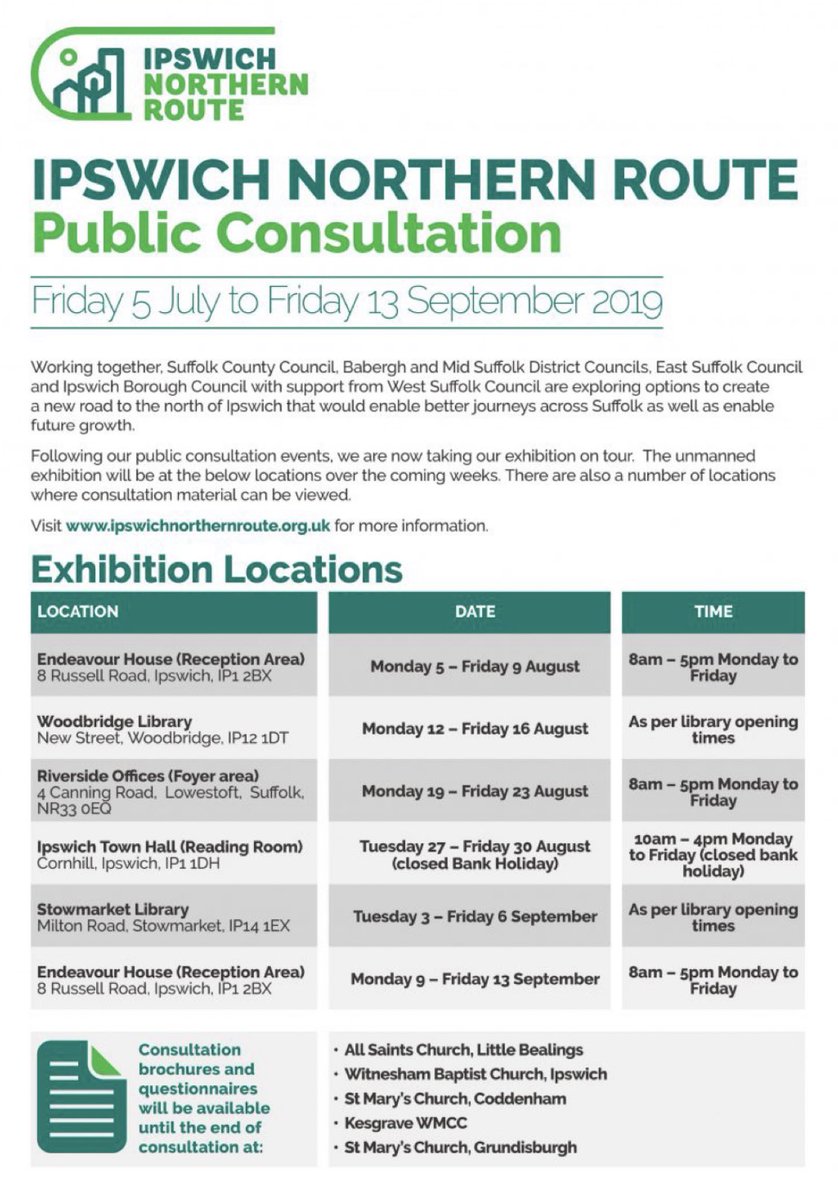 This week the materials head to the Riverside offices in Lowestoft.  Make sure you have your say online before 13 September ipswichnorthernroute.org.uk/have-your-say/… #ipswichnorthernroute