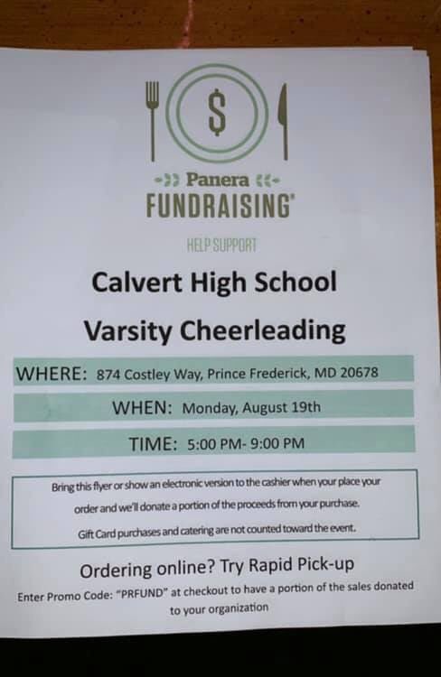 Come support the Calvert High Cheer Squad tonight at Panera from 5-9pm!! Please show the picture of this flyer when you get there 😊 Can’t go in person? There IS a code for rapid pickup that is “PRFUND”. HAPPY EATING!!