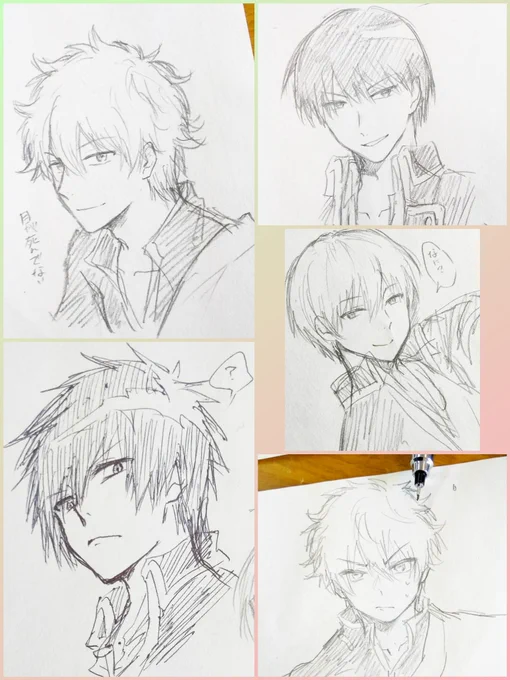 今日職場で描いてた、男性人練習落書きと最初の肌色塗りで失敗して適当になっちゃった神楽ちゃん 