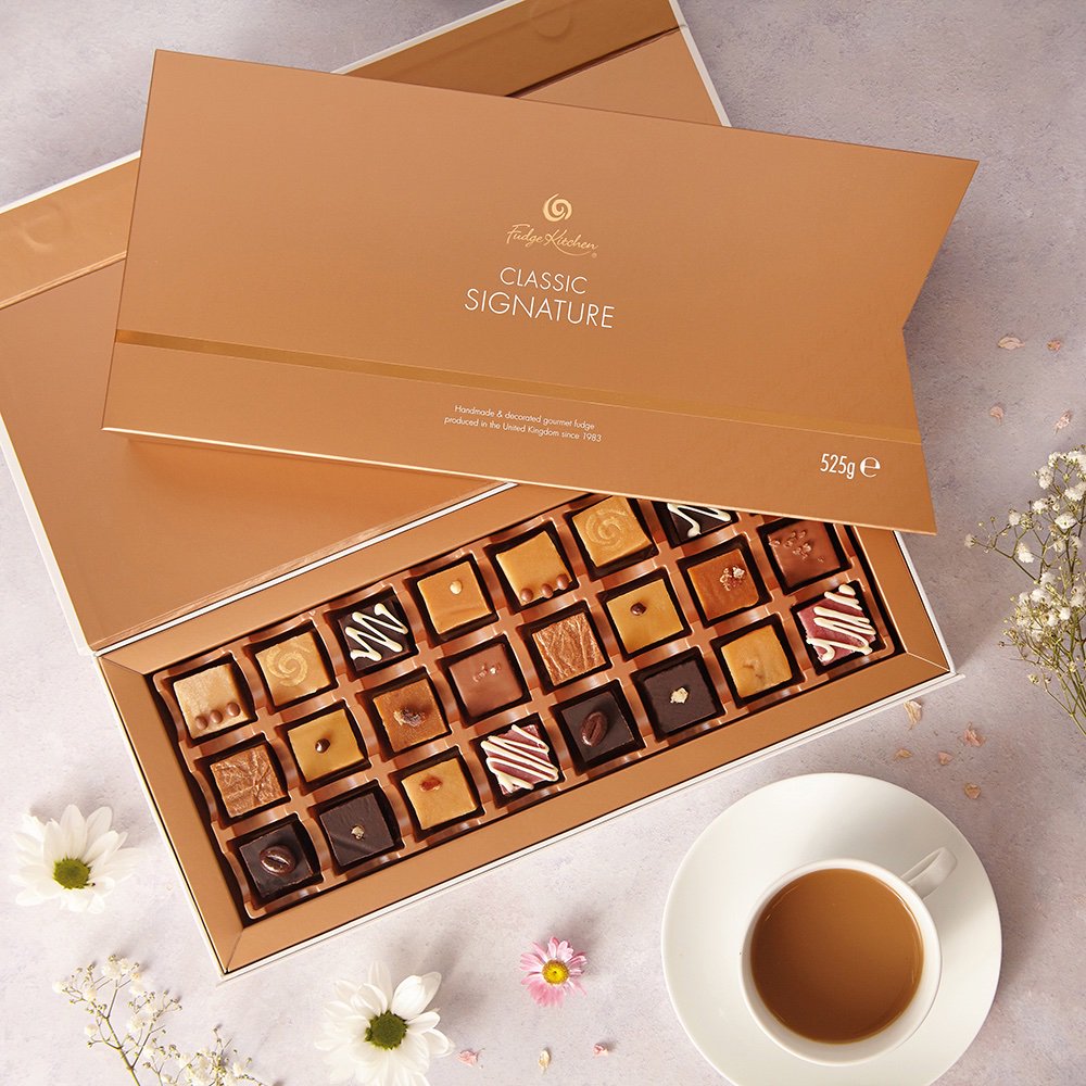fudgekitchen's tweet photo. Our #new Signature Collection. All our (and your) favourite #fudges under one lid. #Handmade in small batches by skilled fudgeteers. Hand decorated, all natural, bristling with @guildoffinefood #GreatTasteAwards ... anything we missed ...? Ah, the link: https://t.co/T0AOHyHIJW https://t.co/QZvUcuvnJ2