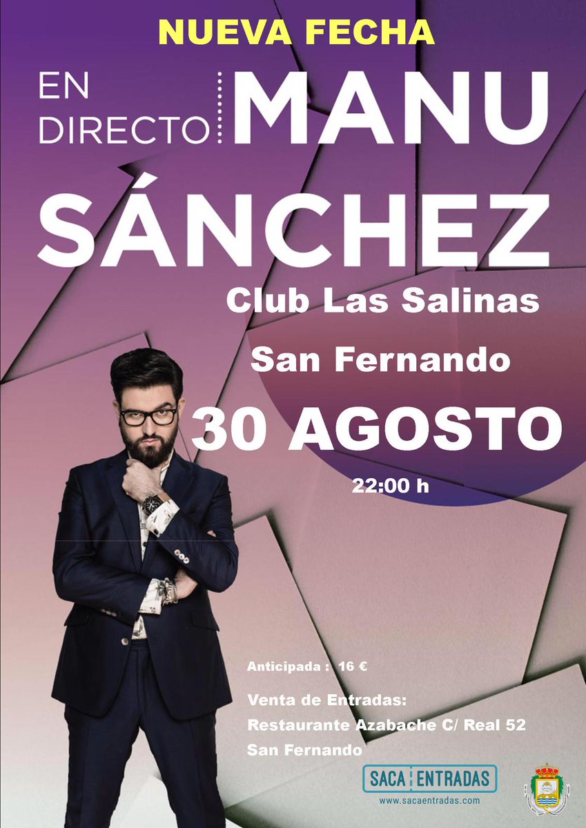 📯 La actuación de <a href="/_ManuSanchez_/">Manu Sánchez</a> con su show 'EN DIRECTO' en San Fernando #Cádiz será el próximo 30 de AGOSTO.

🗓️22 horas
📍Club Las Salinas

Entradas a la venta en🎟️sacaentradas.com/espectaculos/4…