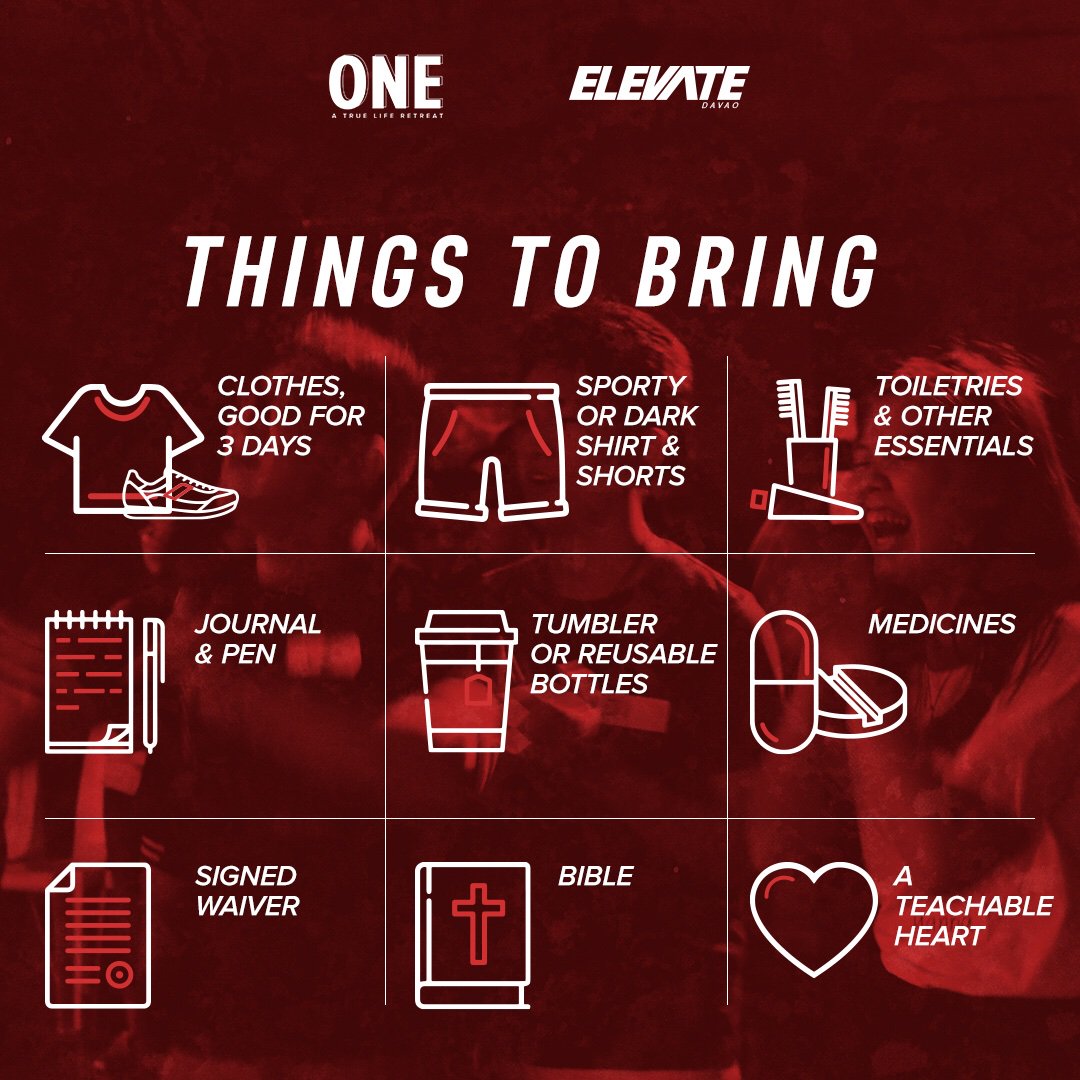 ElevateBajada's tweet photo. We know you’re all excited for the ONE: True Life Retreat, but there are essentials you must bring along to the retreat to ensure a safe, convenient, enjoyable time! ☑️

Here’s the list! Save and review it to make sure you don’t forget any of these 👍🏻😉

#ElevateONE 
#ONETrueLife https://t.co/HSV7pPz3et