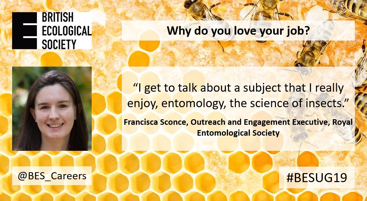 BES_careers's tweet photo. Our other leader for the entomology session was @FranciscaSconce. Being responsible for Outreach and Engagement at the @RoyEntSoc means that her job involves talking about the subject she loves! #BESUG19 https://t.co/4wFbNtfgZx