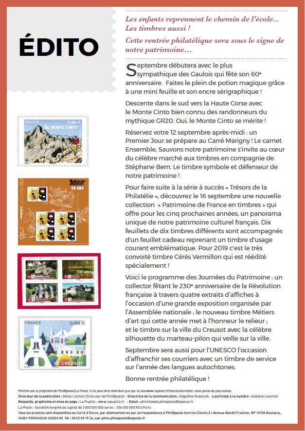 SGodeluck's tweet photo. 📢 [PHILINFO] Découvrez en avant-première la 1ère de couverture du prochain PHILINFO 📰📬de septembre aux couleurs du timbre Métiers d'art : Relieur, et son sommaire ! #laposte
#timbre #stamps #patrimoine #asterix #Asterix60ans
#UNESCO #leCreusot #MonteCinto #Revolutionfrancaise https://t.co/fl2NQH4YoM