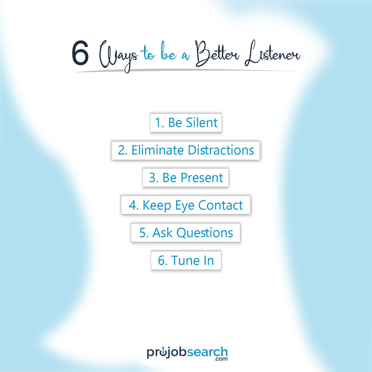 Pro_Job_Search's tweet photo. Are you a good listener? Most people have room for improvement. Here are a few secrets to being a better listener: #HowTo #BetterListener #Job #BeSilent #FewSecrets #KeepEyeContact #JobSearch #AskQuestions #ProJobSearch https://t.co/6t0xEhEplS