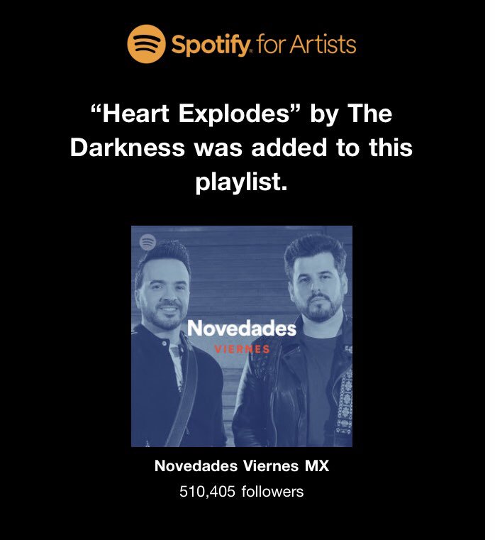 thedarkness's tweet image. Gracias @SpotifySpain! 💓🇪🇸
#heartexplodes #novedadesviernesmx #nuevamusica 

open.spotify.com/playlist/37i9d…