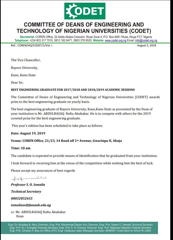 A_A_Musa's tweet photo. Please @Connect_Buk pray for #kwaro friend of mine as he is going to represent #buk today at #COREN ASSEMBLY in best Graduated Engineering students competition of the year 2019.
I represent @KUST_Connect in 2018 and emerged 5th I don't know why @KUST_Connect were absent today. https://t.co/MVbecZQ3fb