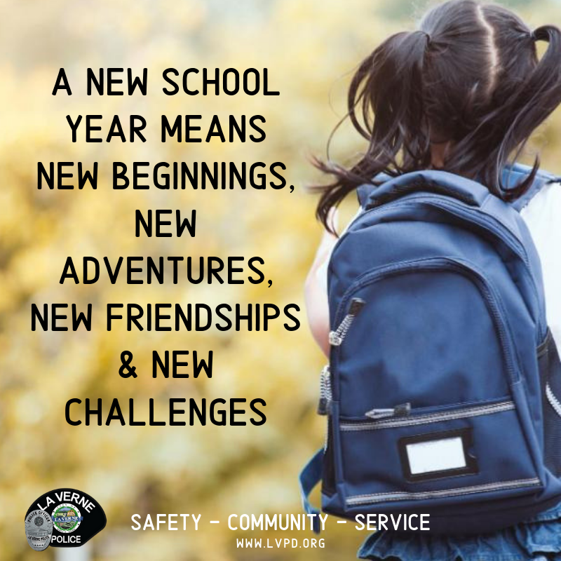 LaVernePD's tweet photo. We wish all students and teachers a fantastic new school year!
#lavernepolicedepartment #laverne #lvpd #school #byesummer #bonita #busd #nextispumpkinspiceeverything https://t.co/2mBD3IZwGJ