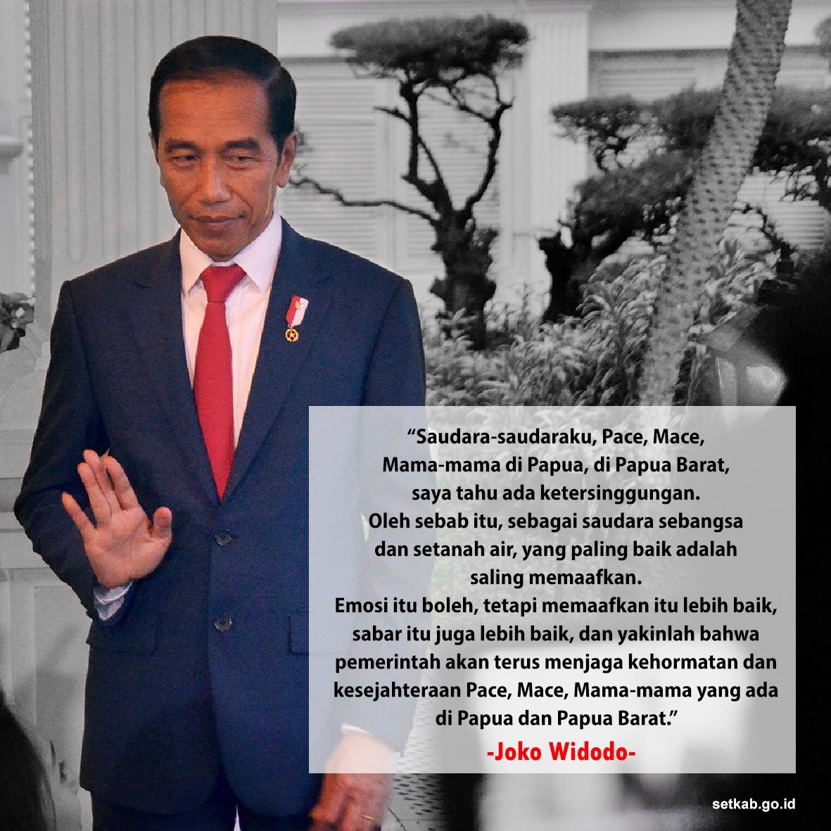 setkabgoid's tweet photo. Pernyataan Presiden @jokowi terkait peristiwa di Papua Barat, Senin (19/8), di Kompleks Istana Kepresidenan, Jakarta. https://t.co/M1b6t8YN72