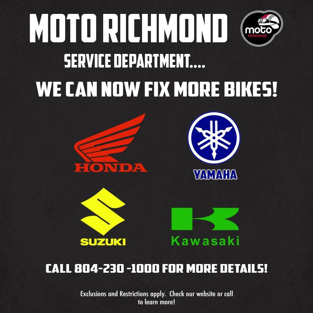 And now for the moment we’ve ALL been waiting for. We are so hype to announce WE CAN NOW FIX MORE BIKES! Starting NOW we will be servicing Honda, Yamaha, Suzuki, and Kawasaki! 
(Restrictions apply.  Please check our website or call us to learn more).