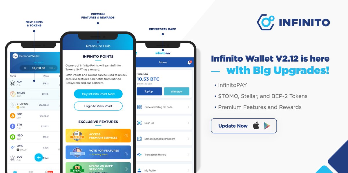 DirkJanXumm's tweet photo. #InfinitoWallet V2.12 is here with:
⭐️#InfinitoPAY
⭐️Support for $TOMO, BEP2 token, & @StellarOrg
⭐️Infinito Membership Account inside #PremiumHub: see your Point packages & rewards
⭐️ New language: Portuguese 🇵🇹
& more
Tell us what you think: https://t.co/WaSonPA6XF https://t.co/SKN6jMU3Ak