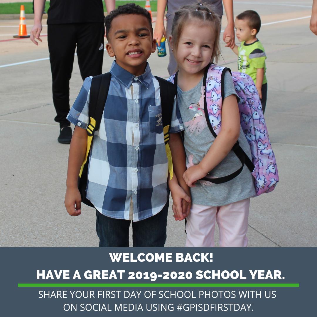 grandprairieisd's tweet photo. Welcome back! We hope you have a wonderful start to the 2019- 2020 school year. Share all of your first day of school photos with us on social media using #GPISDFirstDay. https://t.co/dCEqJbAolw
