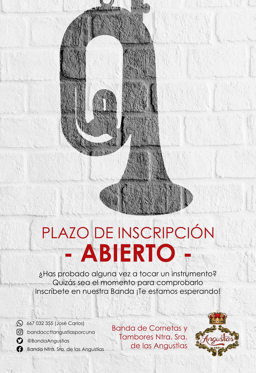 Aprovecha esta oportunidad única! 
Únete a <a href="/BandaAngustias/">BCT Angustias</a> 
🎺🥁📯