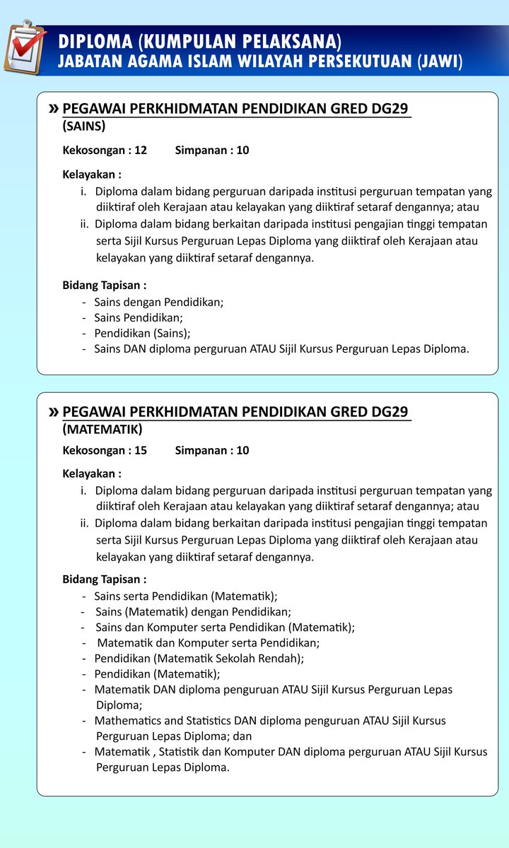 jawatan2u's tweet photo. Pᴇʟᴜᴀɴɢ Kᴇʀᴊᴀ Kᴇʀᴀᴊᴀᴀɴ!

Jabatan: Jabatan Agama Islam Wilayah Persekutuan (JAWI)

Jawatan: Pegawai Perkhidmatan Pendidikan Gred DG29

Kelulusan: Diploma

Tarikh Tutup: 29 Ogos 2019 pukul 11.59pm

Aplikasi Permohonan: https://t.co/BhZHHXkmoN

#JawatanKosong
#KerjaKosong https://t.co/nfgJHThSRY