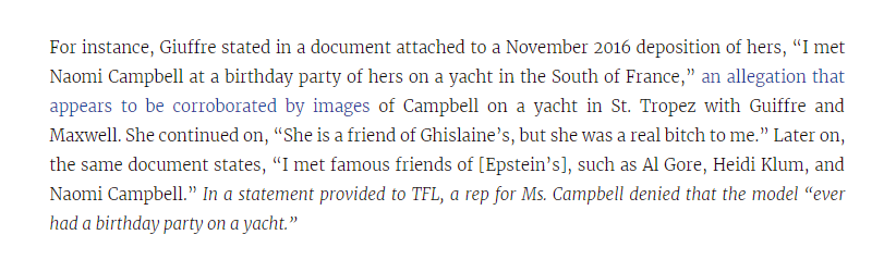 Court filings name  #Casablancas super models Heidi Klum and Noami Campbell (later of  #Brunel's MC2) as close friends of Jeffrey  #Epstein.  #OpDeathEaters  https://www.thefashionlaw.com/home/naomi-campbell-mc2-agency-founder-and-more-linked-to-epstein-in-unseal-court-documents