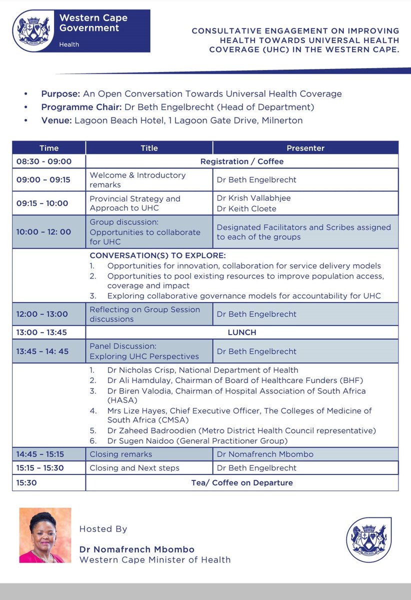 marionwish's tweet photo. @_SRJC
RT @nomafrench: Universal health coverage is a must, & long overdue for SA. @WestCapeHealth invites you to explore the How part in partnership with Private & Civil society. 5th Sept, Lagoon beach, CPT. RSVP essential.
#PPHF
#Better2gether https://t.co/pXj5FnPrAF