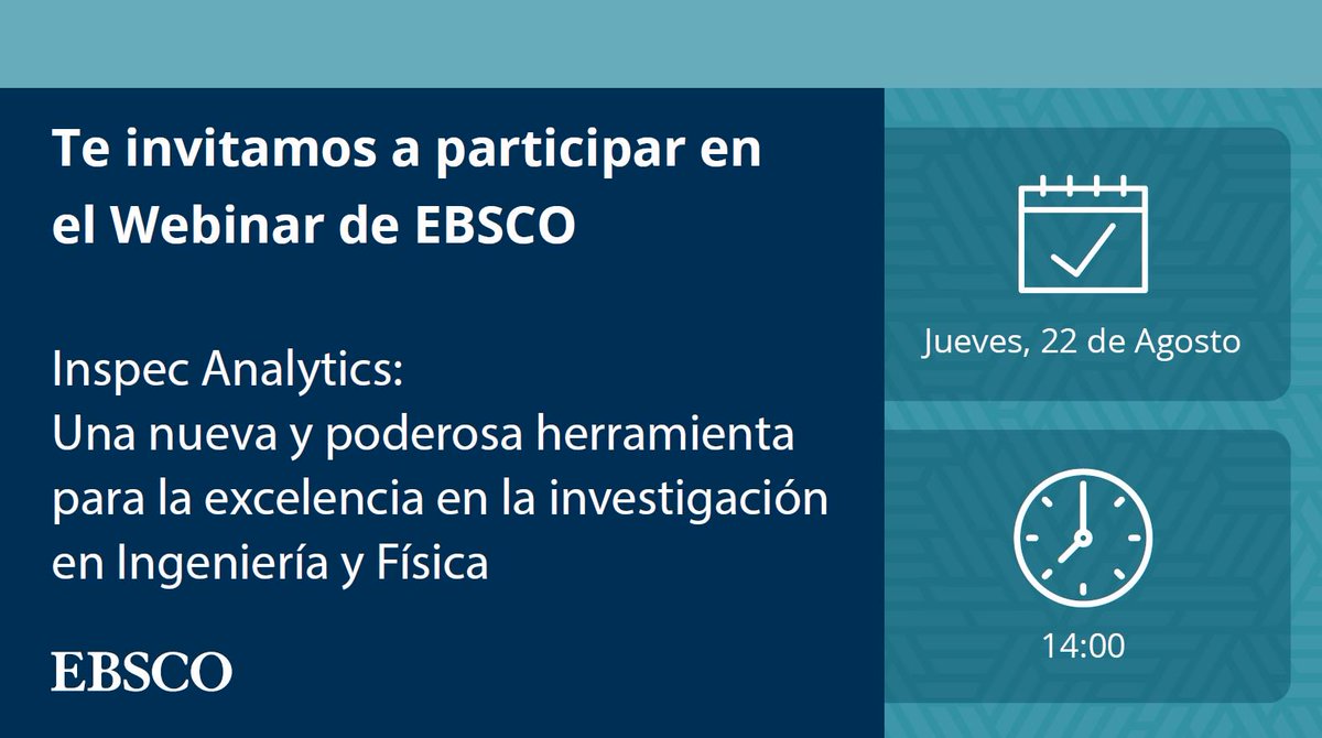 EBSCO_Espanol's tweet photo. 🔈 ¡Participa en nuestro #Webinar de Introducción a Inspec Analytics! Descubre cómo Inspec Analytics proporciona oportunidades para mejorar los resultados de la investigación.https://t.co/bDHBsbZsde https://t.co/qn8u6kDXTO