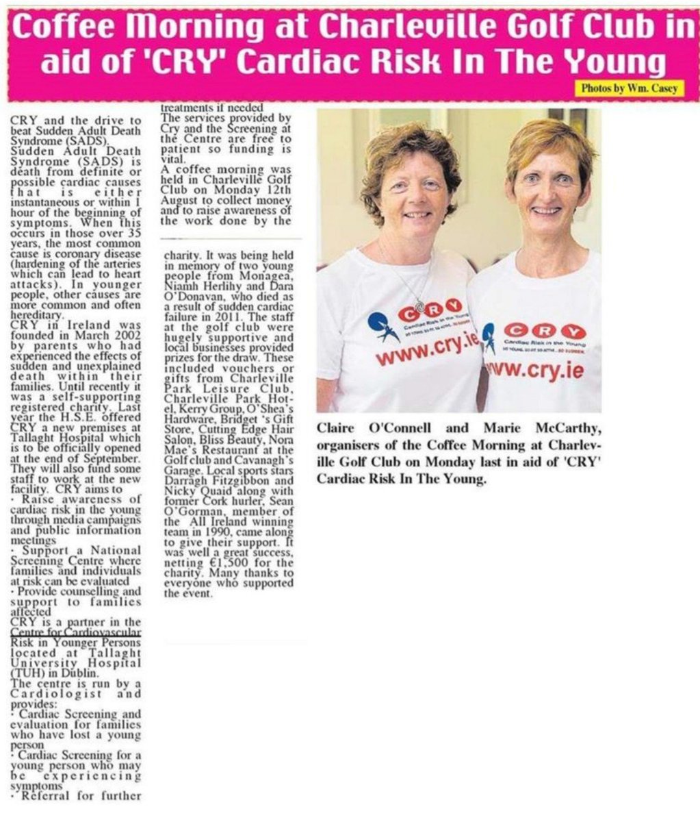 CRYIre's tweet photo. The #MallowStar covered the hugely successful Coffee Morning held in #Charleville Golf Club ahead of the 2019 Camino by sisters Claire O'Connell & Marie McCarthy are signed up and on #teamCRY.
Read it here👇 https://t.co/Z2er7PbQDc