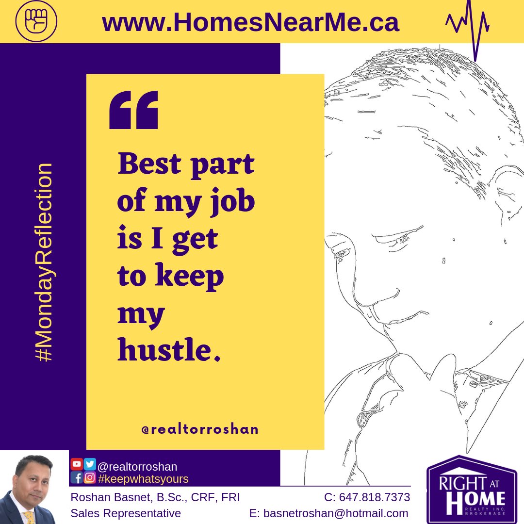 RealtorRoshan's tweet photo. #MondayReflection When you are working for yourself, you don't lack the sense of accomplishments; you keep your hustle. Who are you hustling for? #keepwhatsyours #realtorlife #realestate #jobsatisfaction #hustle #MotivationalMonday https://t.co/NFvgEmHLUe