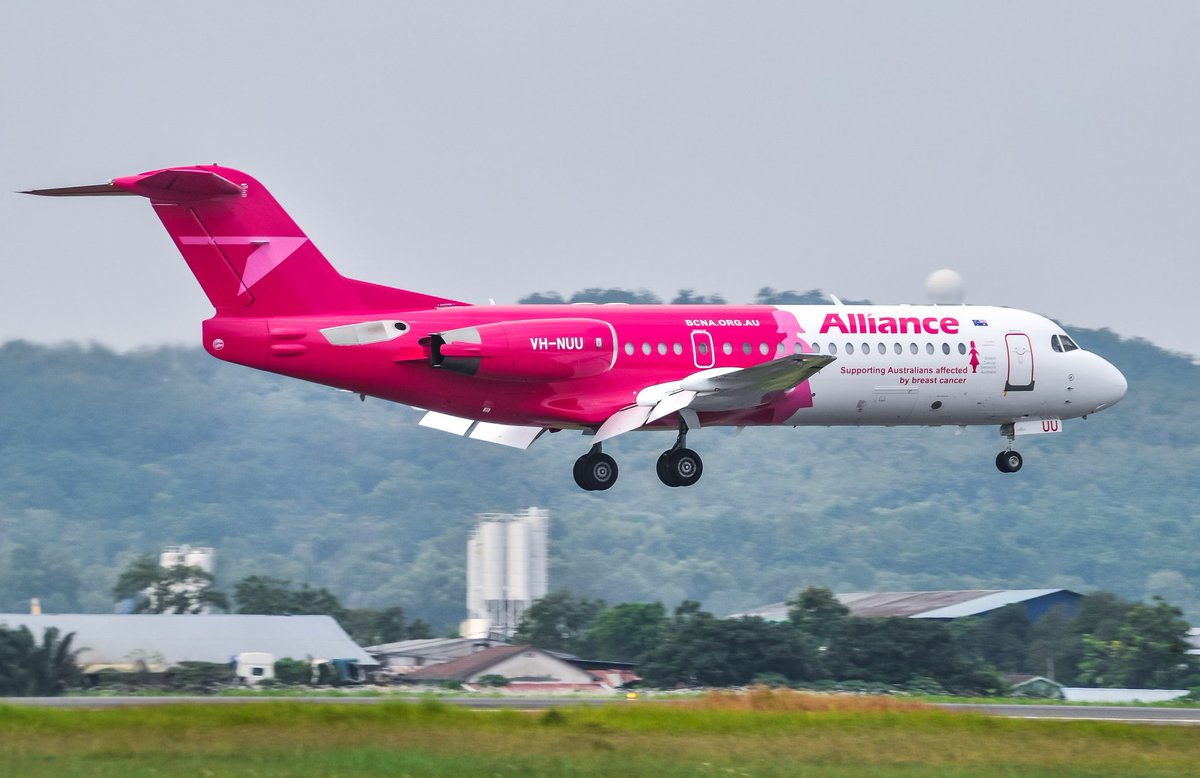 planespapanazzi's tweet photo. THE ICONIC PINK LADY:

An Alliance Airlines' Fokker 70 aircraft, which is painted in the "Breast Cancer Network Australia (BCNA)" livery, campaigning to give support and awareness on the breast cancer across Australia.

Focker F70/VH-NUU
SZB/WMSA https://t.co/uV6SW9uMmo