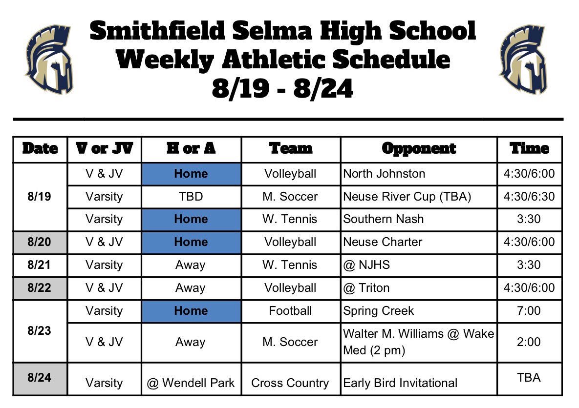This week is the start of the 2019 - 2020 Athletic seasons for Smithfield Selma High School. Come out to all the home games to cheer on the Spartans. <a href="/mcgrathkate14/">Coach Mac</a> <a href="/SSS_SpartanFB/">SSS Football</a> <a href="/tennis_sss/">SSS_Tennis 🎾</a> <a href="/SSS_XC/">SSS Cross Country</a> <a href="/JCPS_Athletics/">JCPS_Athletics</a> <a href="/SSS_GirlsSoccer/">SSS Girls Soccer</a> <a href="/SSS_Spartans/">SSS High School</a> <a href="/DavidKAllen_/">David K. Allen</a>