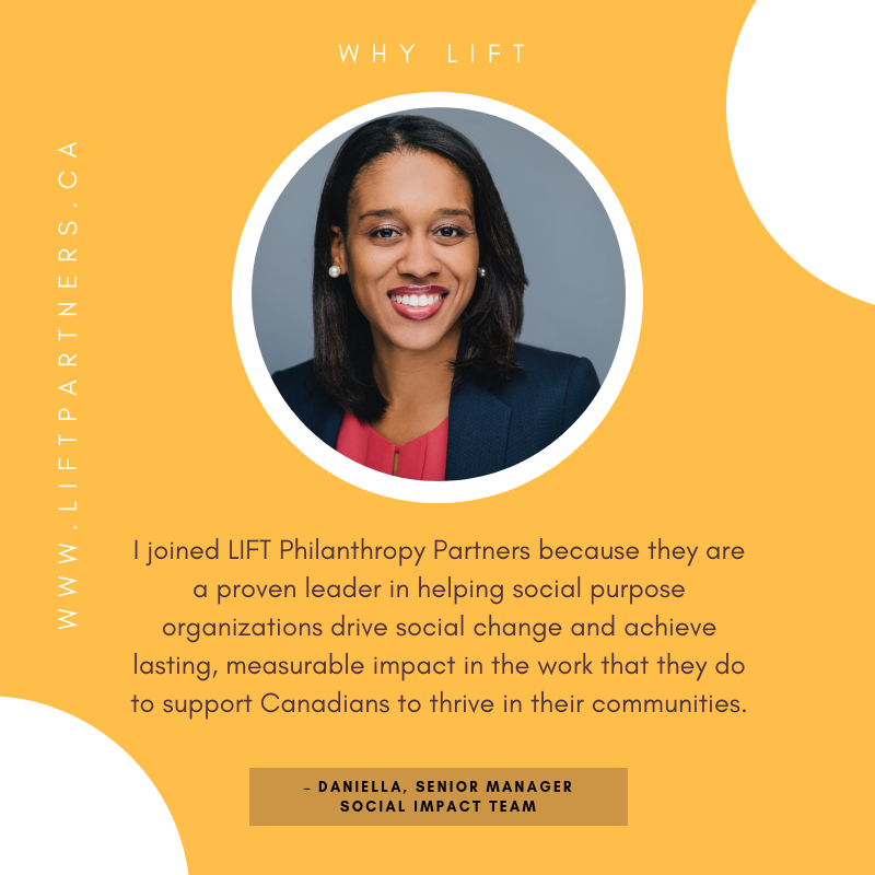 liftpartners's tweet photo. I joined LIFT Philanthropy partners because they are a proven leader in helping social purpose organizations drive social change and achieve lasting, measurable impact in the work that they do to support Canadians to thrive in their communities. - Daniella McIntosh #NPO https://t.co/SZR9MuGrz6