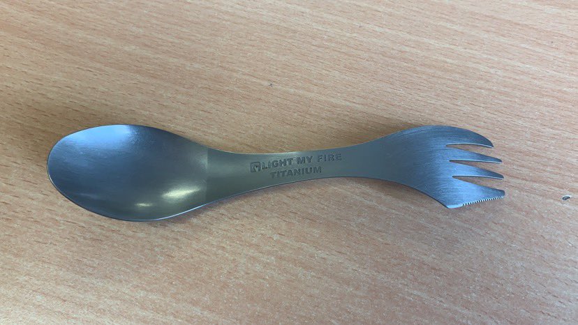 SergeantSkellen's tweet photo. Following on from @CopMoustache kit list - anyone that has used a response kitchen knows this is the most important piece of kit to own.   

Titanium spork ✅

#nasa #sporkonthemoon #titaniumspork #lightmyfire https://t.co/0DGQRiRetS