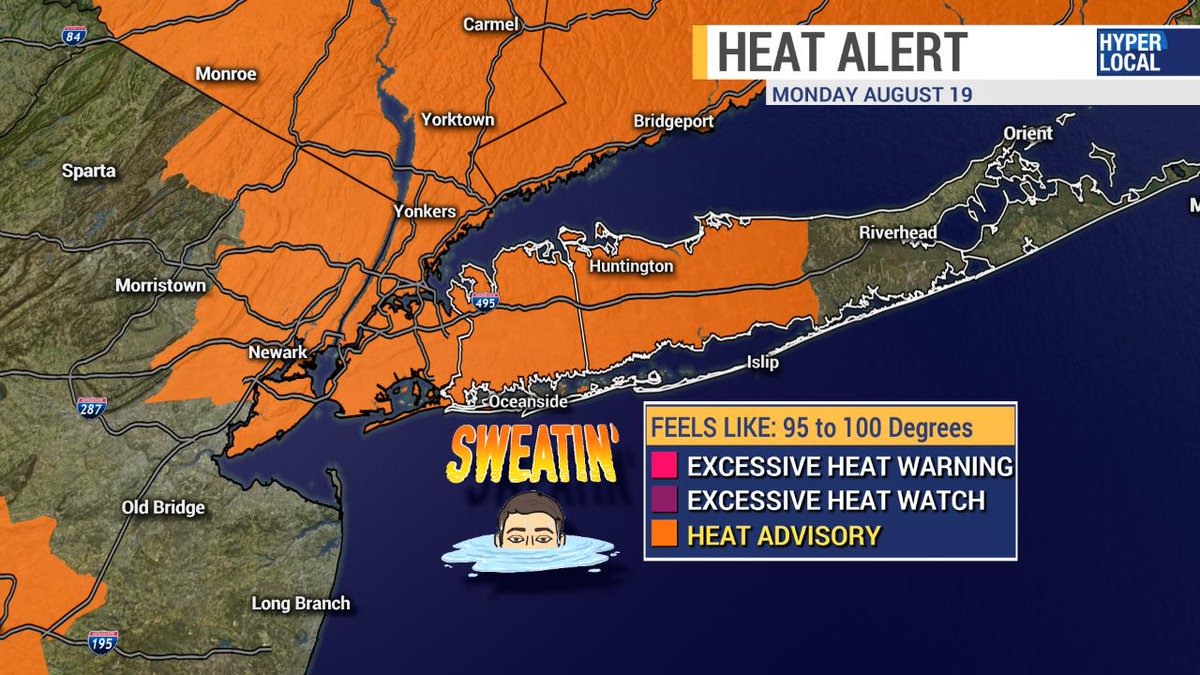 WeatherGeoff's tweet photo. #HEATADVISORY for Nassau/W. Suffolk until 8PM. Air temps will be in the 80s but with the humidity (heat index) it will feel like the 90 to near 100! 🔥🥵  But by week's end we could go from #sweatweather to #sweaterweather. Get the full forecast now on https://t.co/fc9XdoA47q! https://t.co/eXMQOmGwBp