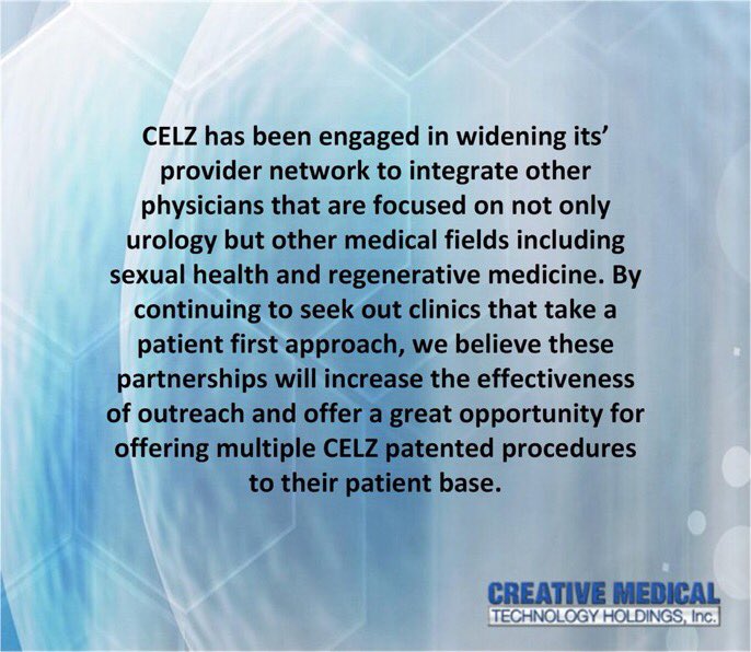 We're actively engaged in expanding our provider network to find and integrate clinics that are great fits for multiple CELZ patented procedures.

#OTC #stocks #investing #biotechnology #trading #seekingalpha #menshealth #WomensHealth #NYSE #motleyfool $CELZ <a href="/CaverStem/">CaverStem</a> <a href="/FemCelz/">FemCelz</a>