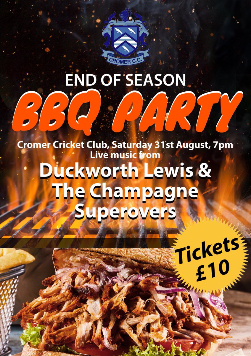 End of season party at CCC....Hog rolls with all the trimmings, salads pasta etc. Plus live music from club favourites ‘Duckworth Lewis and the champagne superovers’ will be a great night and a fantastic way to finish the season.
Email cromercricketcoaching@gmail.com for tickets