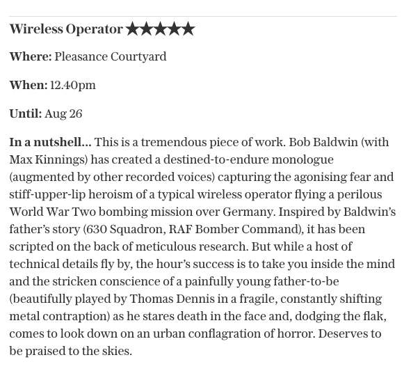maxkinnings's tweet image. Five stars for @WirelessOp from @domcavendish in the @telegraph! Best theatre at Edinburgh Fringe 2019: telegraph.co.uk/theatre/what-t…
#wirelessoperator #edfringe2019