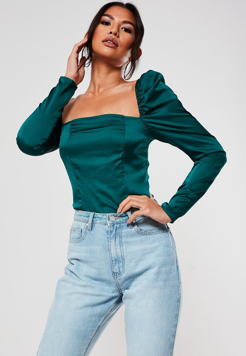 Add the 'green satin puff sleeve square 