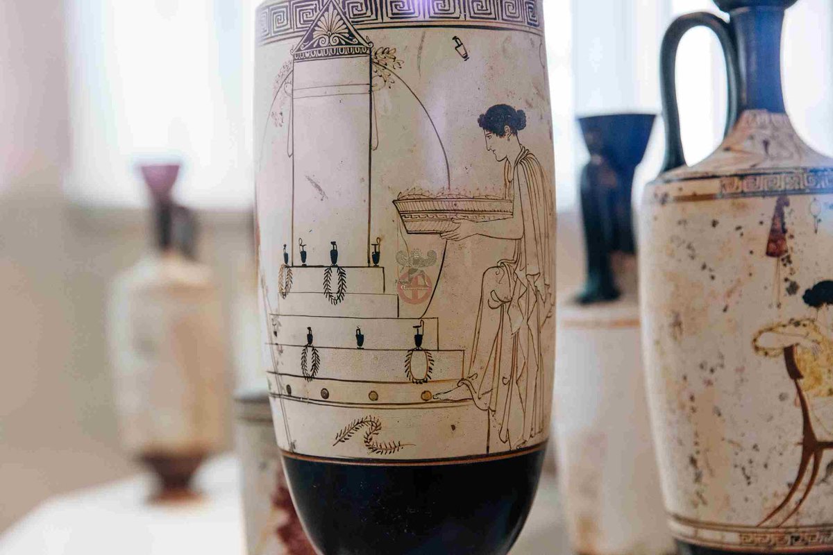 By the Archaic & Classical periods (6th-4th c BCE, the hey-day of Athenian painted pottery), the Athenians left specific types of pots in their graves: commonly these white-ground lekythoiSome fittingly depict paintings of tombs with white-ground lekythoi as grave goods/15