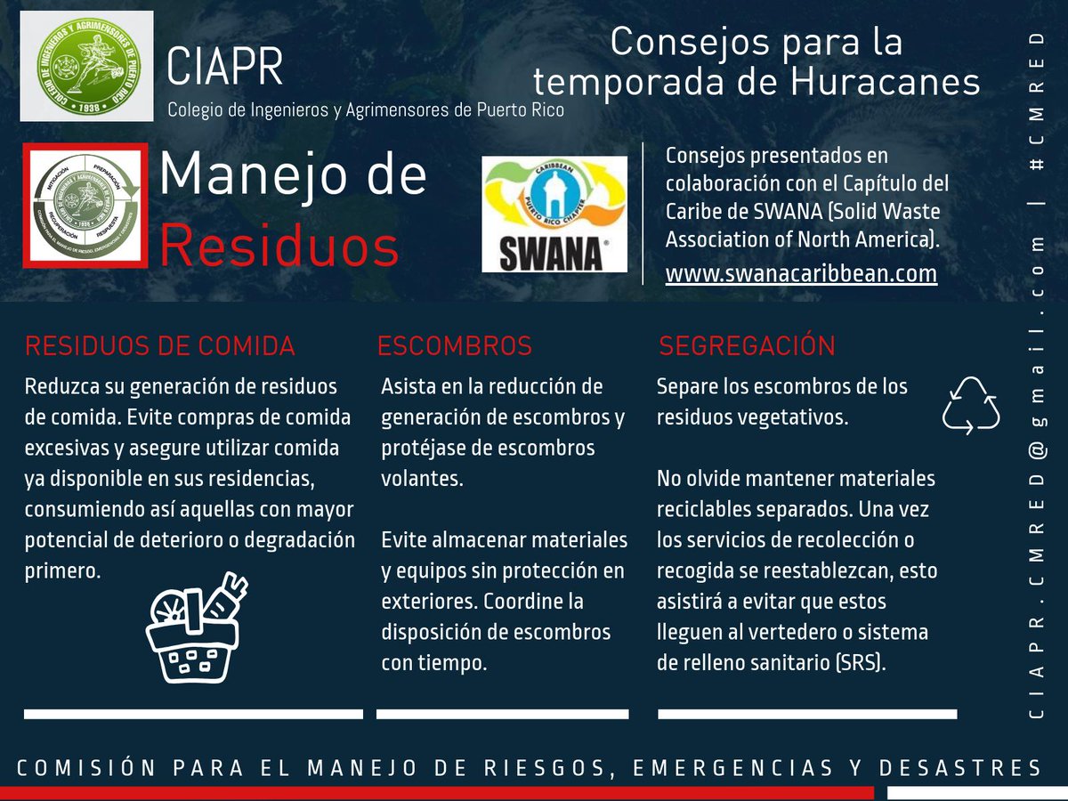 ciaprpr's tweet photo. Manejo de Residuos
La Comisión para el manejo de riesgos, emergencias y desastres del CIAPR te brinda consejos para la temporada de huracanes. #CIAPR #CMRED #CIAPRCMRED #TemporadaHuracanes2019 #CIAPRInforma https://t.co/GlZWkfn16a