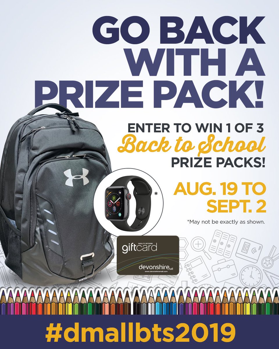 devonshiremall's tweet photo. It’s Back to School time! Repost, like or comment to win using #dmallbts2019 Triple your chances of winning by entering on Instagram and Facebook. Winner picked Sept. 2 GO! #devonshirestyle #dmallbts2019 #bts #contest #playtowin #yqg https://t.co/q7ndepPQmf