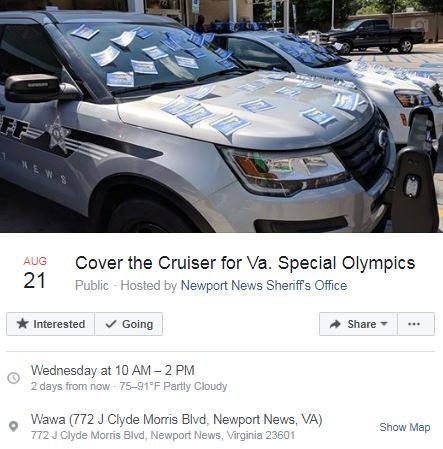 NnsoJ's tweet image. Cover the Cruisers on Wed., Aug. 21 to raise money for @SOlympicsVA. We'll be at @Wawa on J. Clyde Morris Blvd. from 10a-2pm with @NewportNewsPD.  We're committed to making a difference for Virginia's special olympians! #fundraiser #CommunityEngagement  @CityofNN