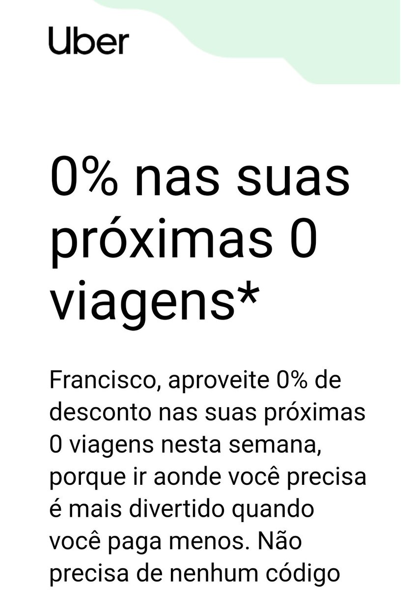 Cenildo's tweet photo. Desconto bom é esse: recebe um e-mail oferecendo 0% de desconto em nenhuma viagem. Pode ter sido um erro, mas será que mereço ainda um desconto @Uber_Brasil ? https://t.co/MtGUx3Bw1H